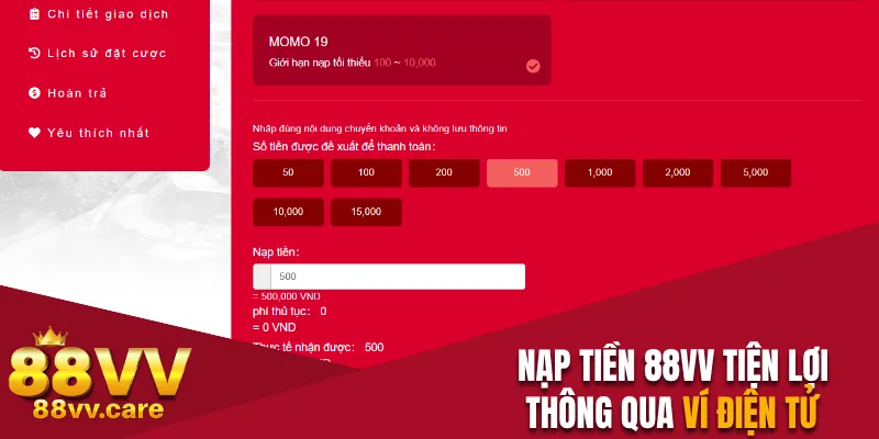 Nạp tiền 88VV tiện lợi thông qua ví điện tử